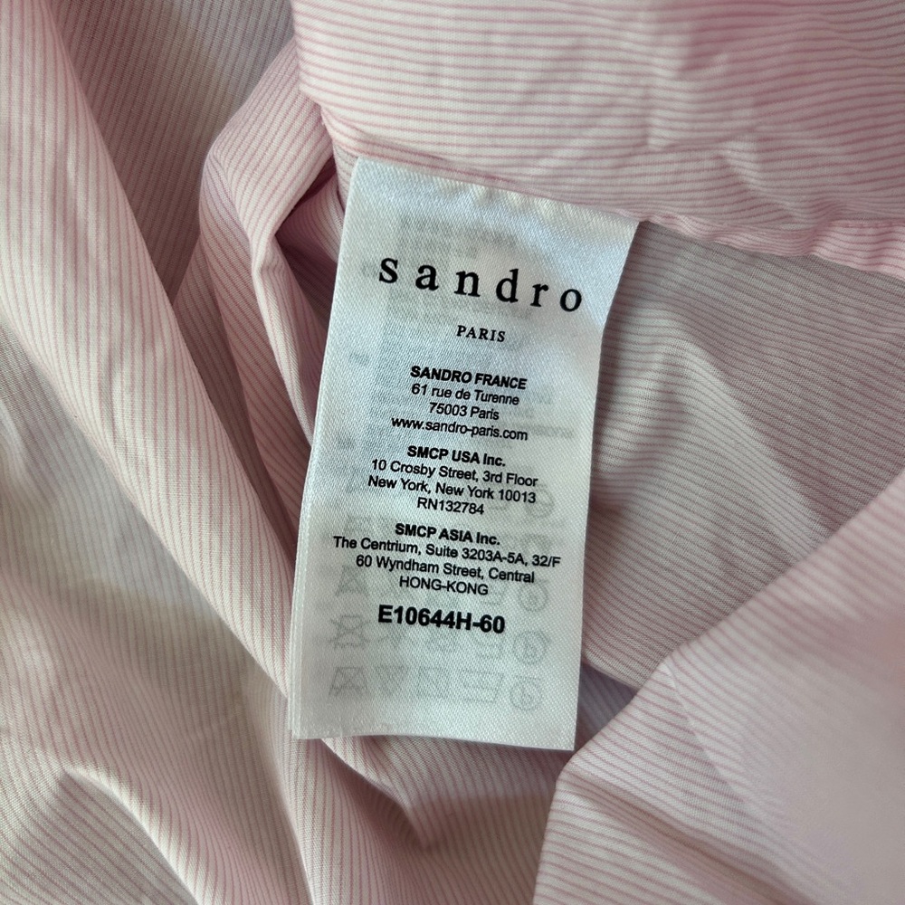 Women’s Sandro Ruffle Neck Pin Stripe Long Sleeve Blouse Top Size Medium - Picture 8 of 13